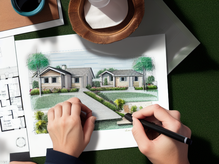 Hands on a sheet of paper, drawing out the front yard landscape design